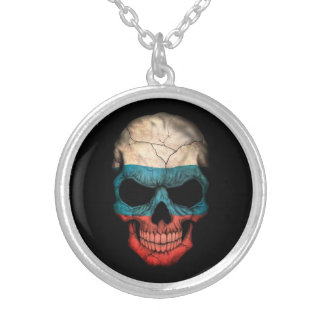 Russian Flag Skull on Black Silver Plated Necklace