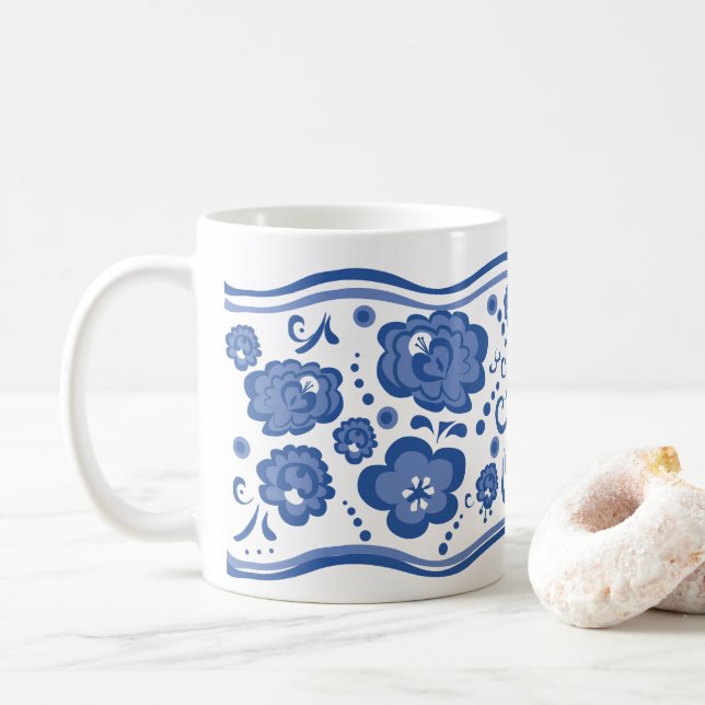 Russian Floral Gzhel Style Coffee Mug (With Donut)