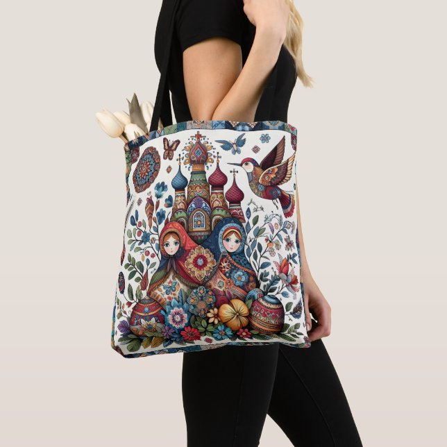 Russian Folk Art Babushka Boho Chic Fashion art Tote Bag (Close Up)