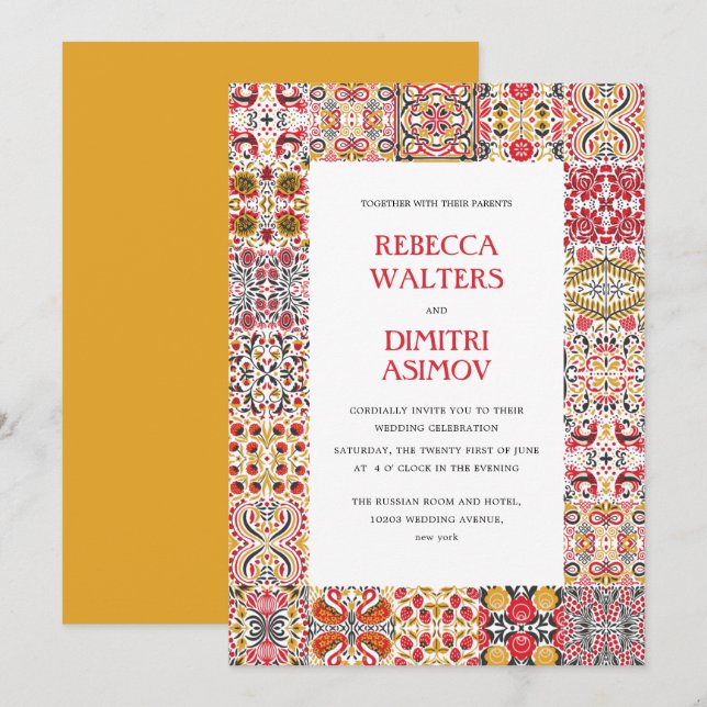 Russian Folk Art  Khokhloma Border  Wedding Invitation (Front/Back)