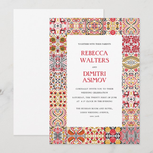 Russian Folk Art  Khokhloma Border  Wedding Invitation (Front/Back)