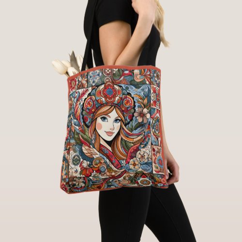 Russian Folk Art Patchwork Bohemian Chic Red Blue Tote Bag