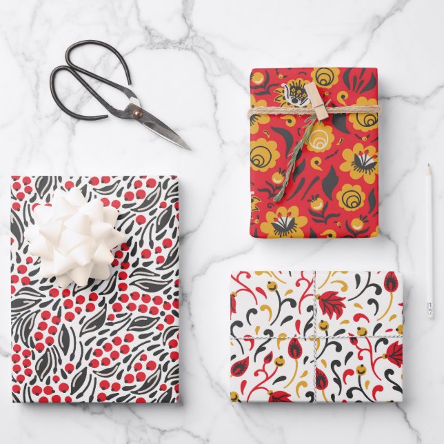 Russian Folk Art Red Berries Black Foliage YELLOW  Wrapping Paper Sheets (Front)
