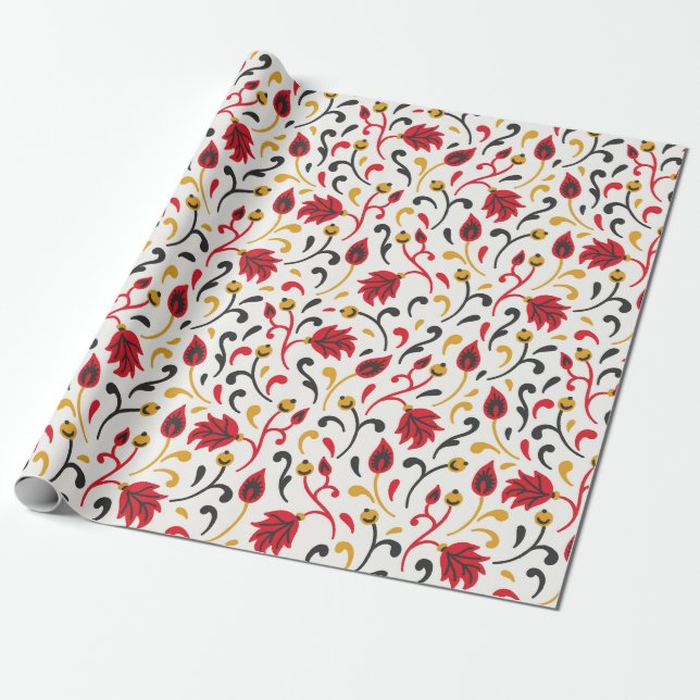 Russian Folk Art Red Yellow And black leaves Wrapping Paper (Unrolled)