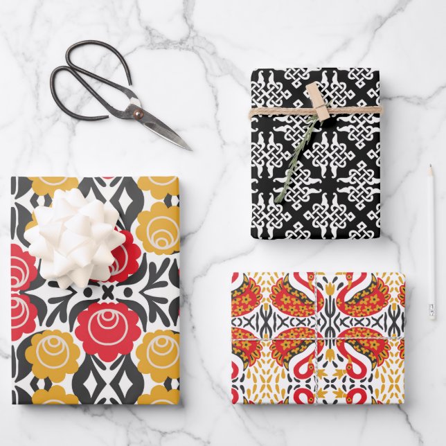 Russian Folk black red flowers and birds geometric Wrapping Paper Sheets (Front)