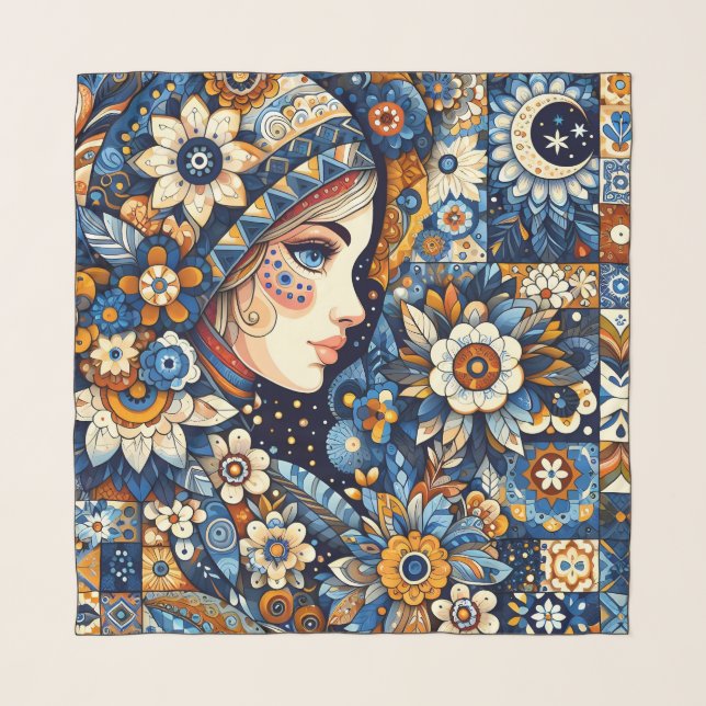 Russian Folklore Gzhel Bohemian Chic Fashion Blue  Scarf (Front)