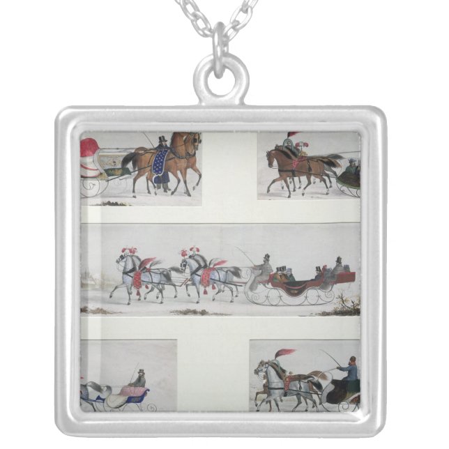 Russian Horse Drawn Sleighs Silver Plated Necklace (Front)