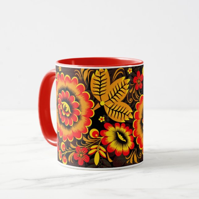 Russian Khokhloma Pattern Black Red Botanical Mug (Front Left)
