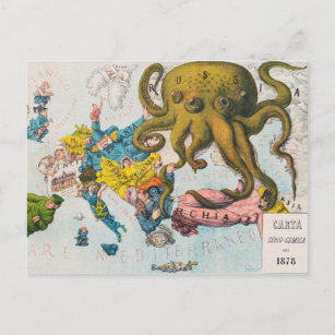 Russian Kraken Vintage Map Cartoon c.1800's Postcard