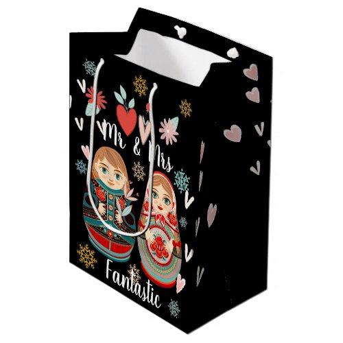 Russian Matryoshka Dolls Mr  Mrs Snowflakes Medium Gift Bag