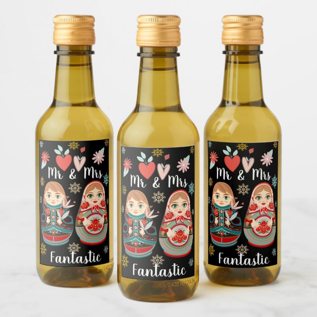 Russian Matryoshka Dolls Mr & Mrs Snowflakes Wine Label (Bottles)