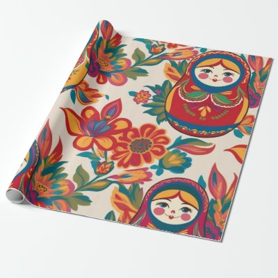Russian Matryoshka Nesting Dolls Floral Decoupage Wrapping Paper