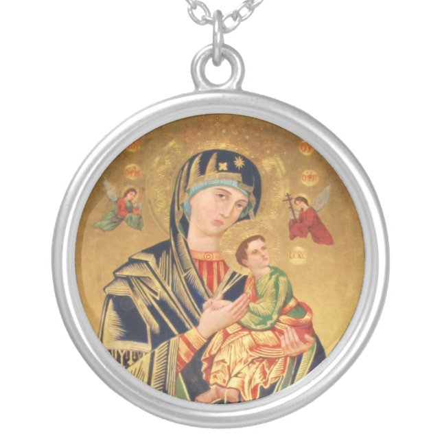 Russian Orthodox Icon - Virgin Mary and baby Silver Plated Necklace (Front)