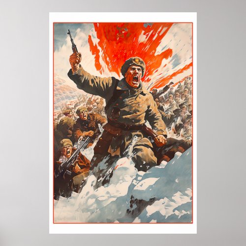 Russian Soldier Fleeing Zombie Horde Poster