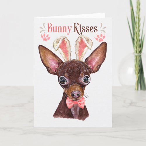 Russian Toy Terrier Dog in Bunny Ears for Easter Holiday Card