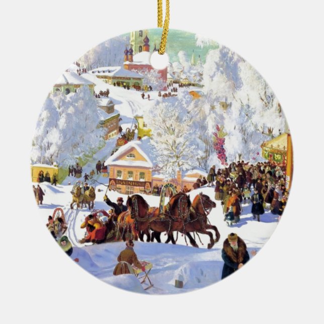 Russian Village in the Winter Ceramic Ornament (Front)