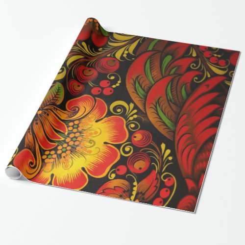 Russian Vintage Fine Khokhloma Floral Pattern Wrapping Paper