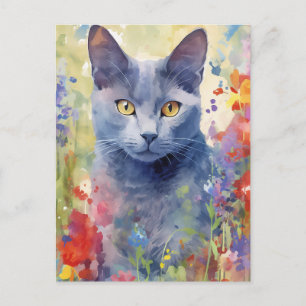 Russsian Blue Cat colorful flowers Postcard