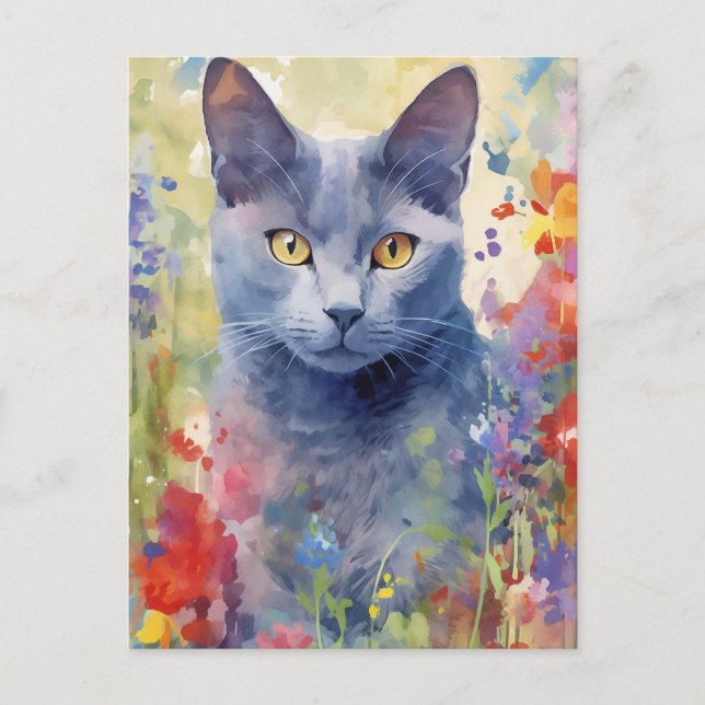 Russsian Blue Cat colorful flowers Postcard (Front)