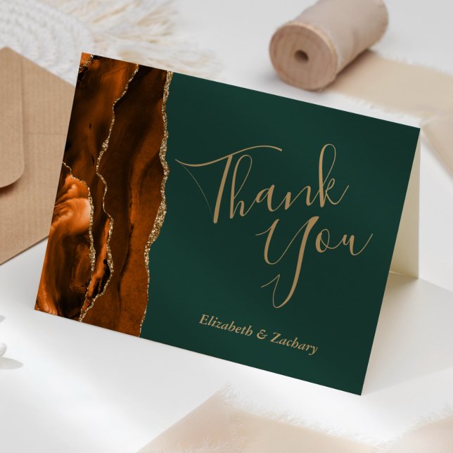 Rust Agate Gold Emerald Green Wedding Thank You Card (Creator Uploaded)