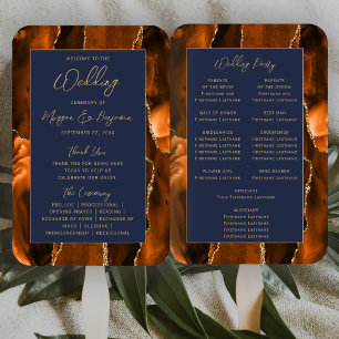 Rust Agate Navy Blue Gold Script Wedding Program Hand Fan