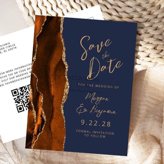 Rust Agate Navy Blue Script QR Code Save the Date Announcement Postcard (Creator Uploaded)