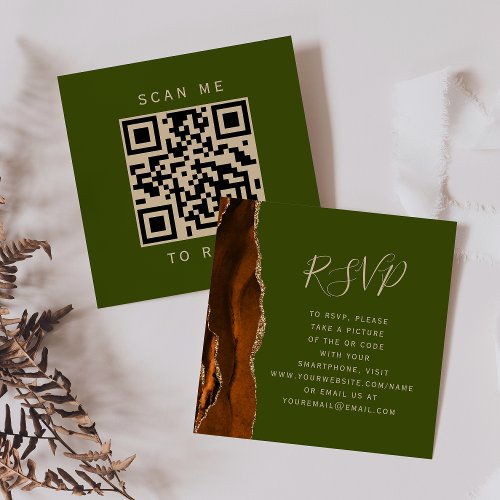 Rust Agate Olive Green Wedding QR Code RSVP Enclosure Card