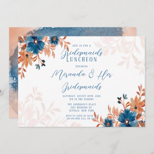 Rust and Blue Watercolor Floral Bridesmaids Lunch Invitation