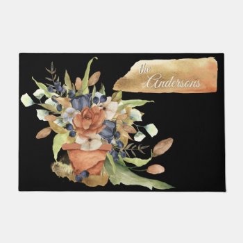 Rust And Blue Watercolor Flowers In Clay Pot Doormat by Vanillaextinctions at Zazzle