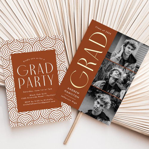 Rust and Gold Foil 3 Photo Graduation Party Foil Invitation