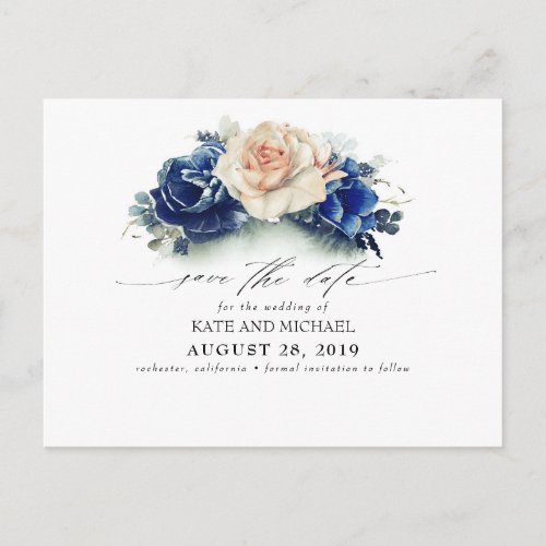 Rust and Navy Blue Floral Boho Save the Date Postcard