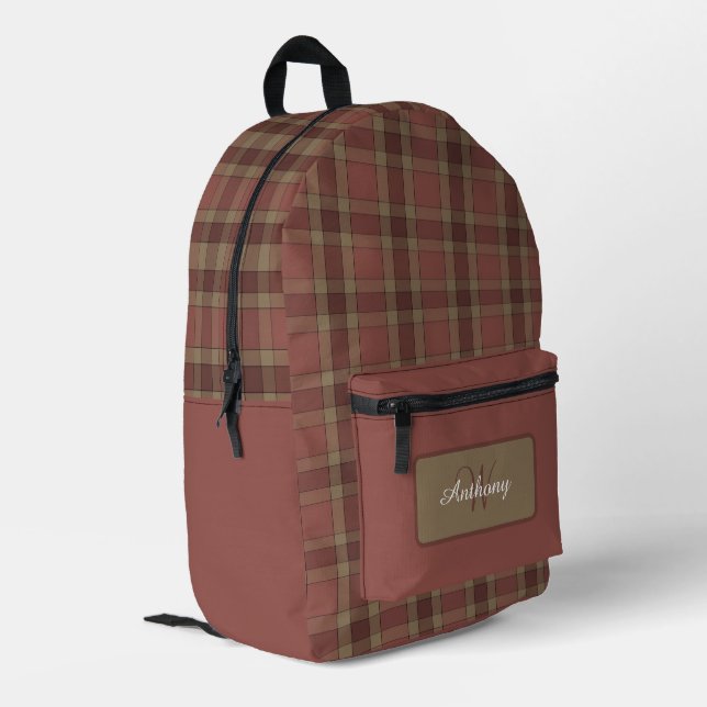 Rust and Tan Plaid Pattern - Personalized Printed Backpack (Back Corner Left)