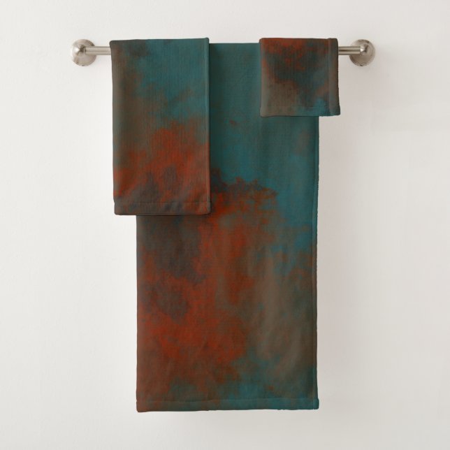 Rust and Teal Marble abstract Bath Towel Set (Insitu)