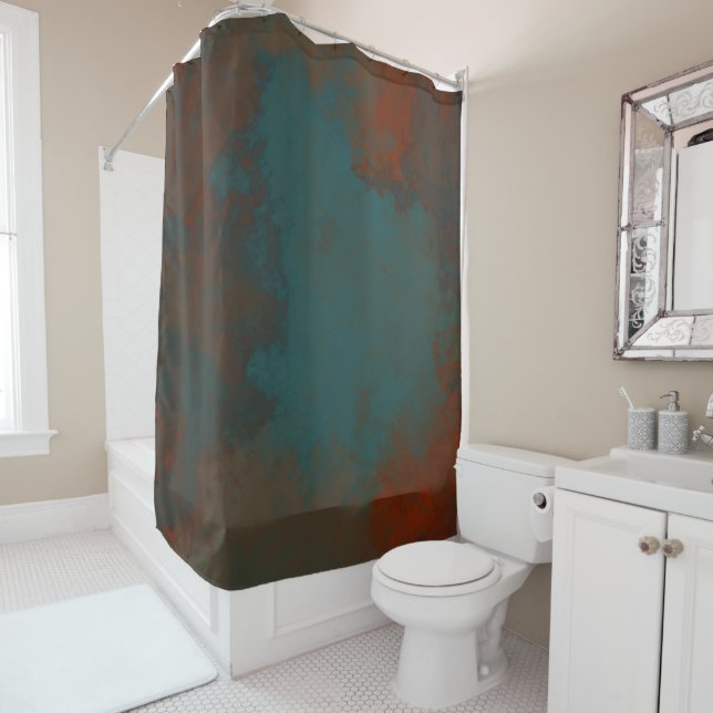Rust and Teal Marble abstract Shower Curtain (In Situ)