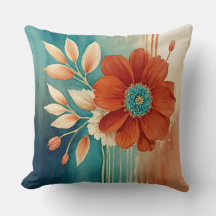 Rust and Turquoise Floral abstract Throw Pillow
