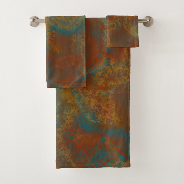 Rust and Turquoise Marble abstract 4 Bath Towel Set (Insitu)