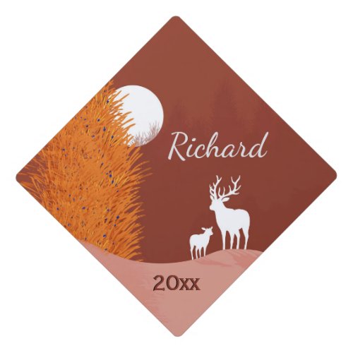 Rust and White Deer on Moon Lit Hill Personal Year Graduation Cap Topper