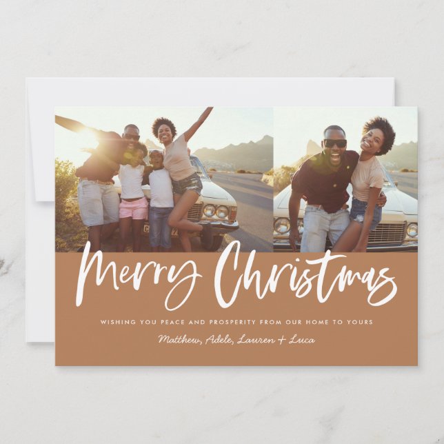 Rust and white script merry christmas multi photo holiday card (Front)