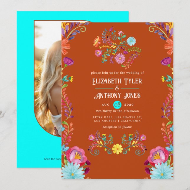 Rust & Aqua Floral Mexican Fiesta Wedding Invitation (Front/Back)
