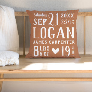 Rust Baby Boy Birth Stats Keepsake Throw Pillow