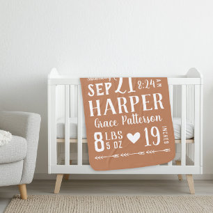 Rust Baby Girl Birth Stats Keepsake Baby Blanket