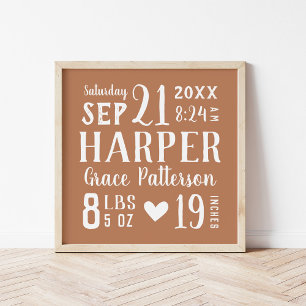 Rust Baby Girl Birth Stats Keepsake Poster