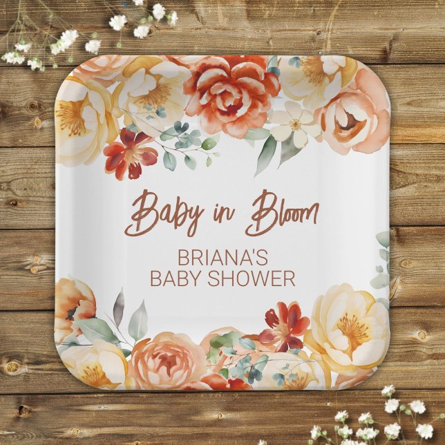 Rust Beige Floral Gender Neutral Baby Shower Paper Plates (Creator Uploaded)