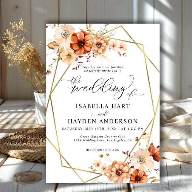 Rust Beige Floral Gold Frame Wedding Invitation (Creator Uploaded)
