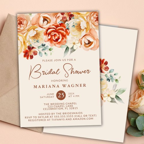 Rust Beige Romantic Floral Bridal Shower Invitation