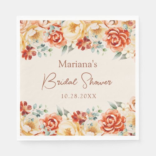 Rust Beige Romantic Floral Bridal Shower Napkins