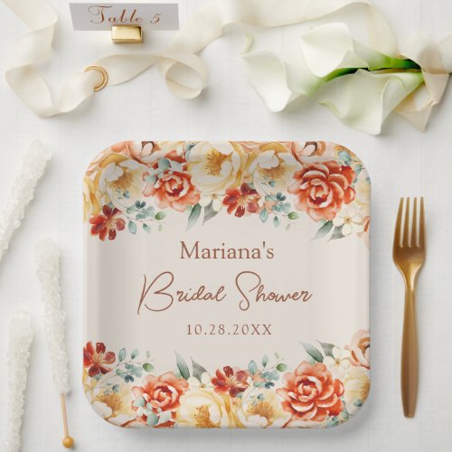 Rust Beige Romantic Floral Bridal Shower Paper Plates