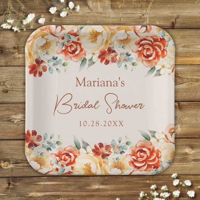 Rust Beige Romantic Floral Bridal Shower Paper Plates (Creator Uploaded)