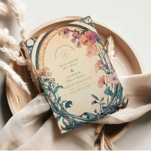 Rust Blue Bloom wedding Invitation