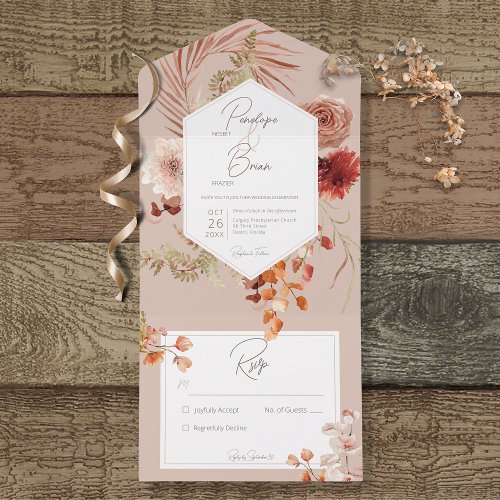 Rust Blush Fall Boho Floral Frame Blush No Dinner All In One Invitation